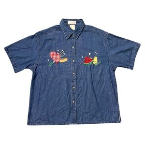 Vintage Denim Shirt Button Down Embroidered Picnic Summer Grilling L Large XL